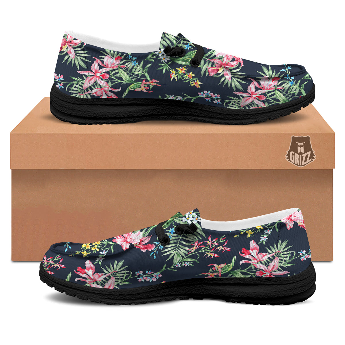 Flower Orchid Watercolor Print Pattern Black Loafers-grizzshop
