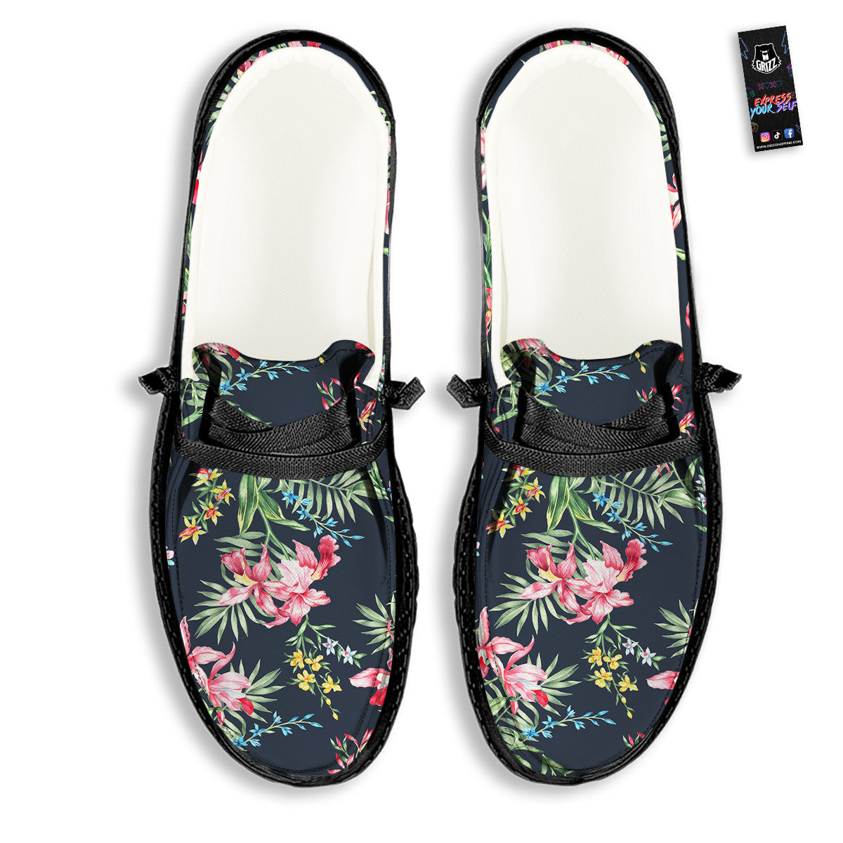 Flower Orchid Watercolor Print Pattern Black Loafers-grizzshop
