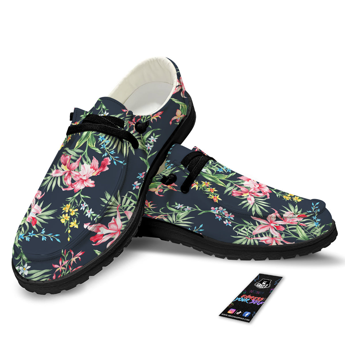 Flower Orchid Watercolor Print Pattern Black Loafers-grizzshop