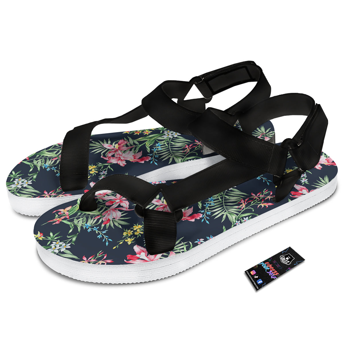 Flower Orchid Watercolor Print Pattern Black Open Toe Sandals-grizzshop