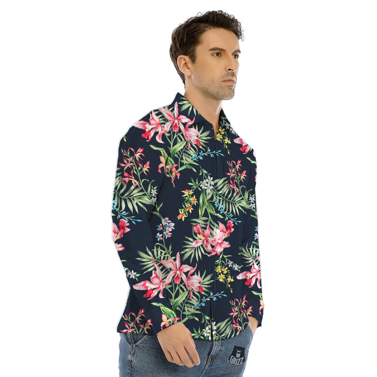 Flower Orchid Watercolor Print Pattern Men's Dress Shirts-grizzshop