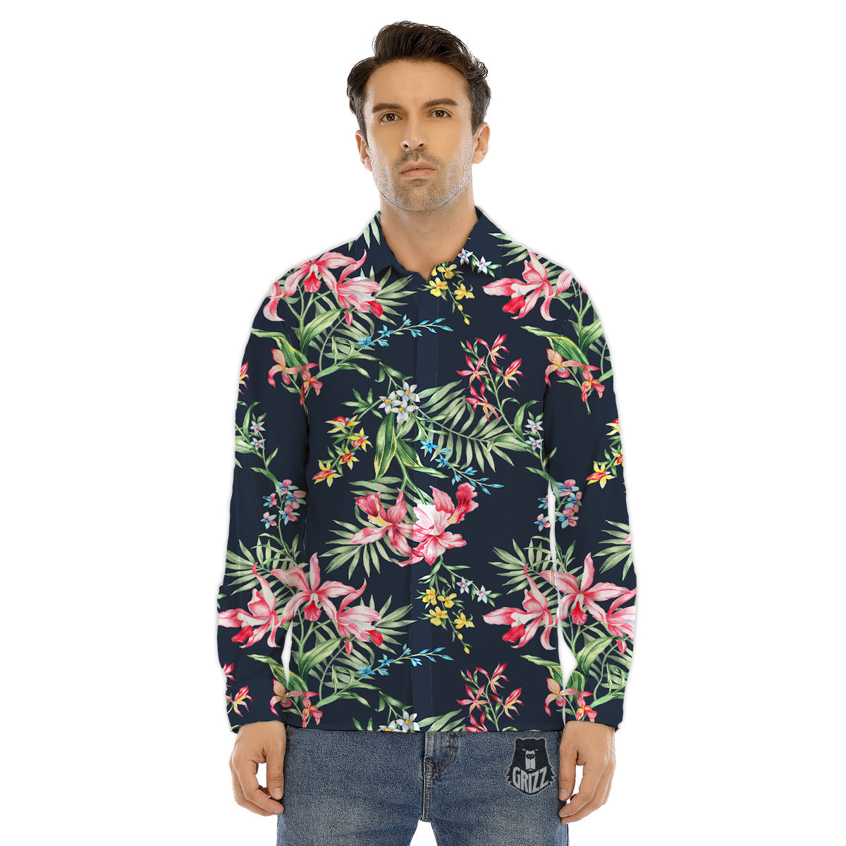Flower Orchid Watercolor Print Pattern Men's Dress Shirts-grizzshop