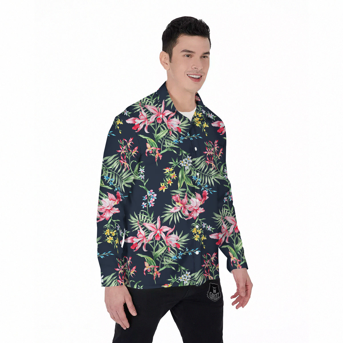 Flower Orchid Watercolor Print Pattern Men's Long Sleeve Shirts-grizzshop