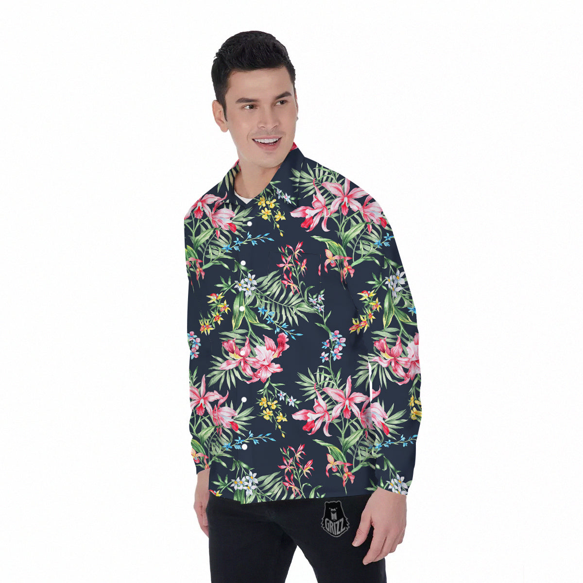 Flower Orchid Watercolor Print Pattern Men's Long Sleeve Shirts-grizzshop