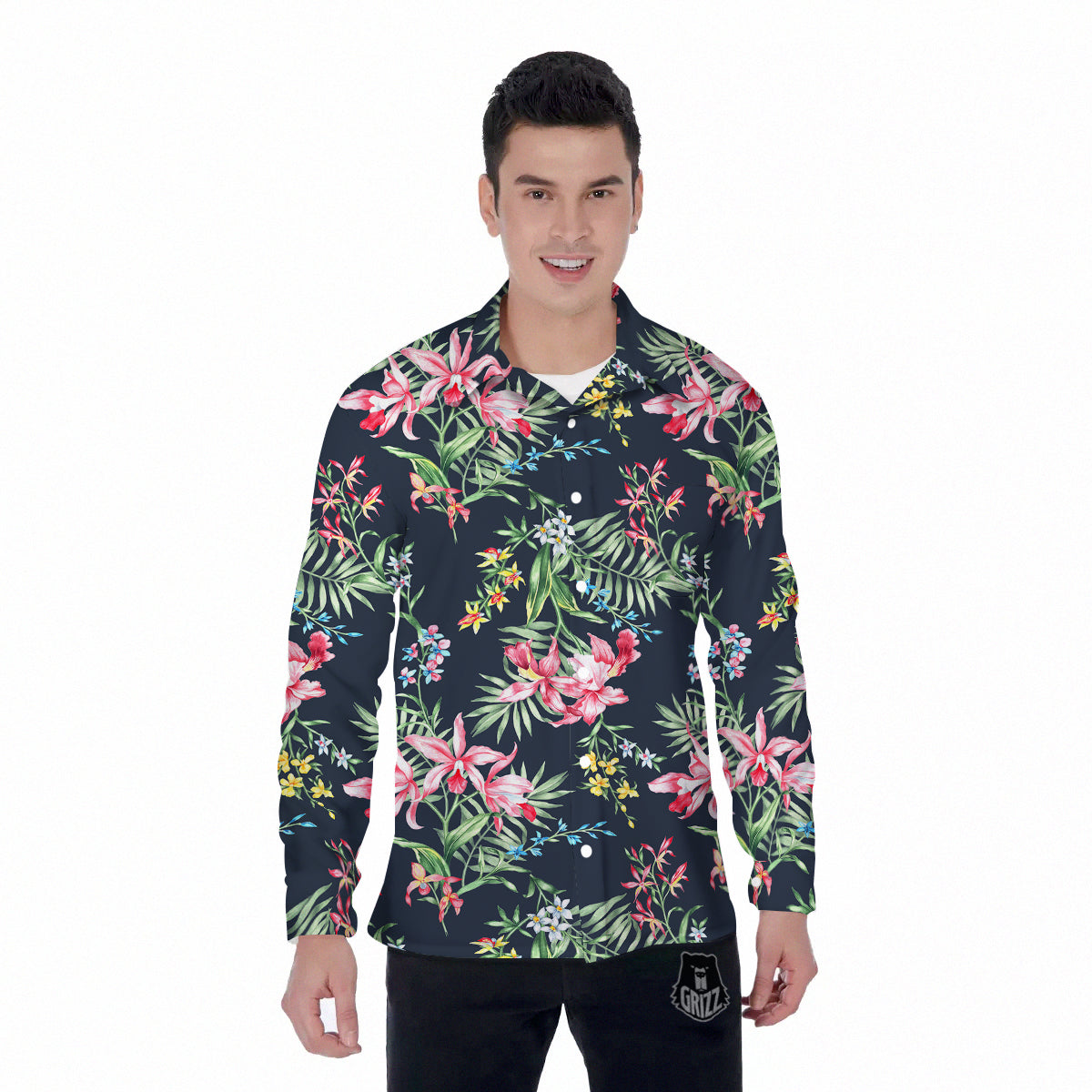 Flower Orchid Watercolor Print Pattern Men's Long Sleeve Shirts-grizzshop