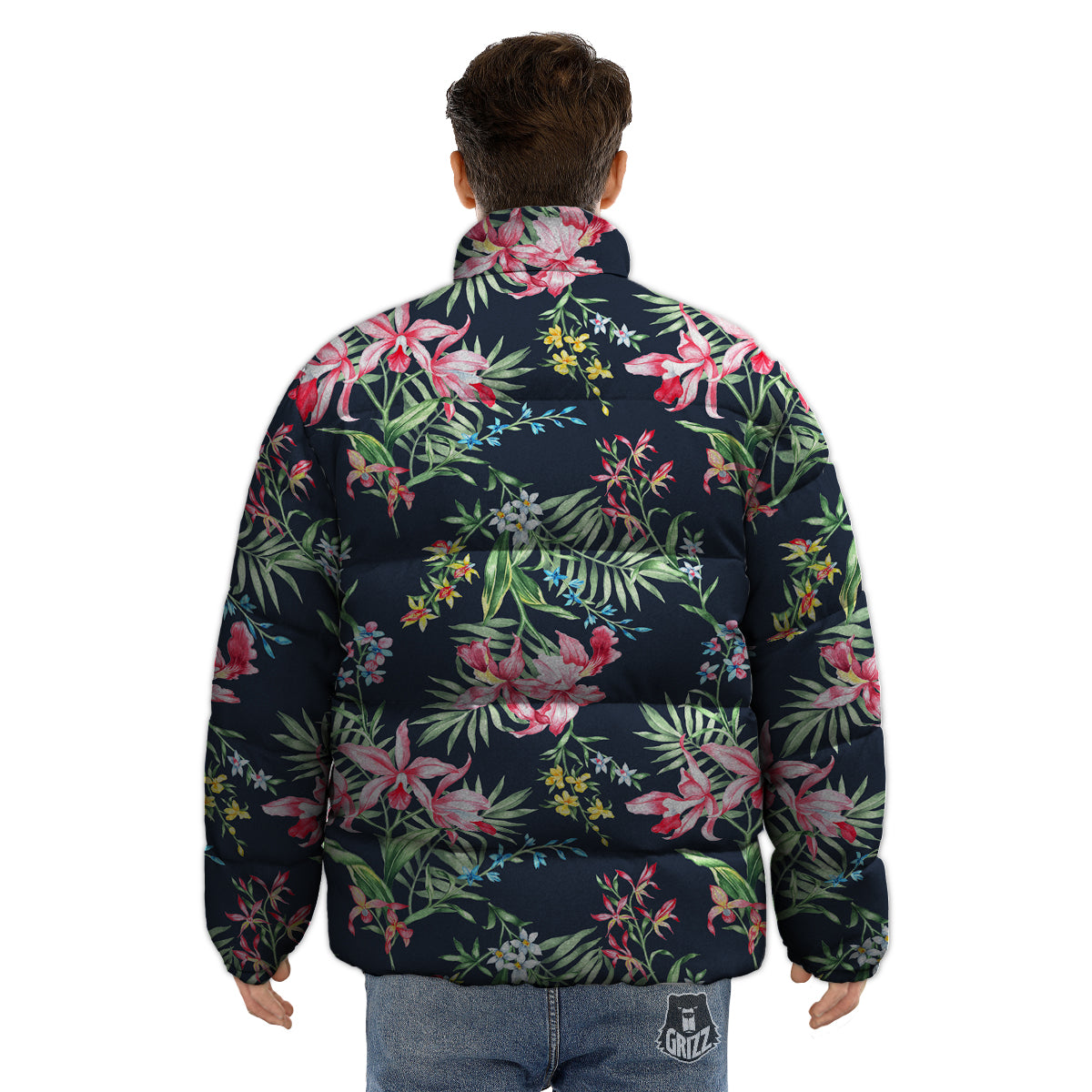 Flower Orchid Watercolor Print Pattern Puffer Jacket-grizzshop