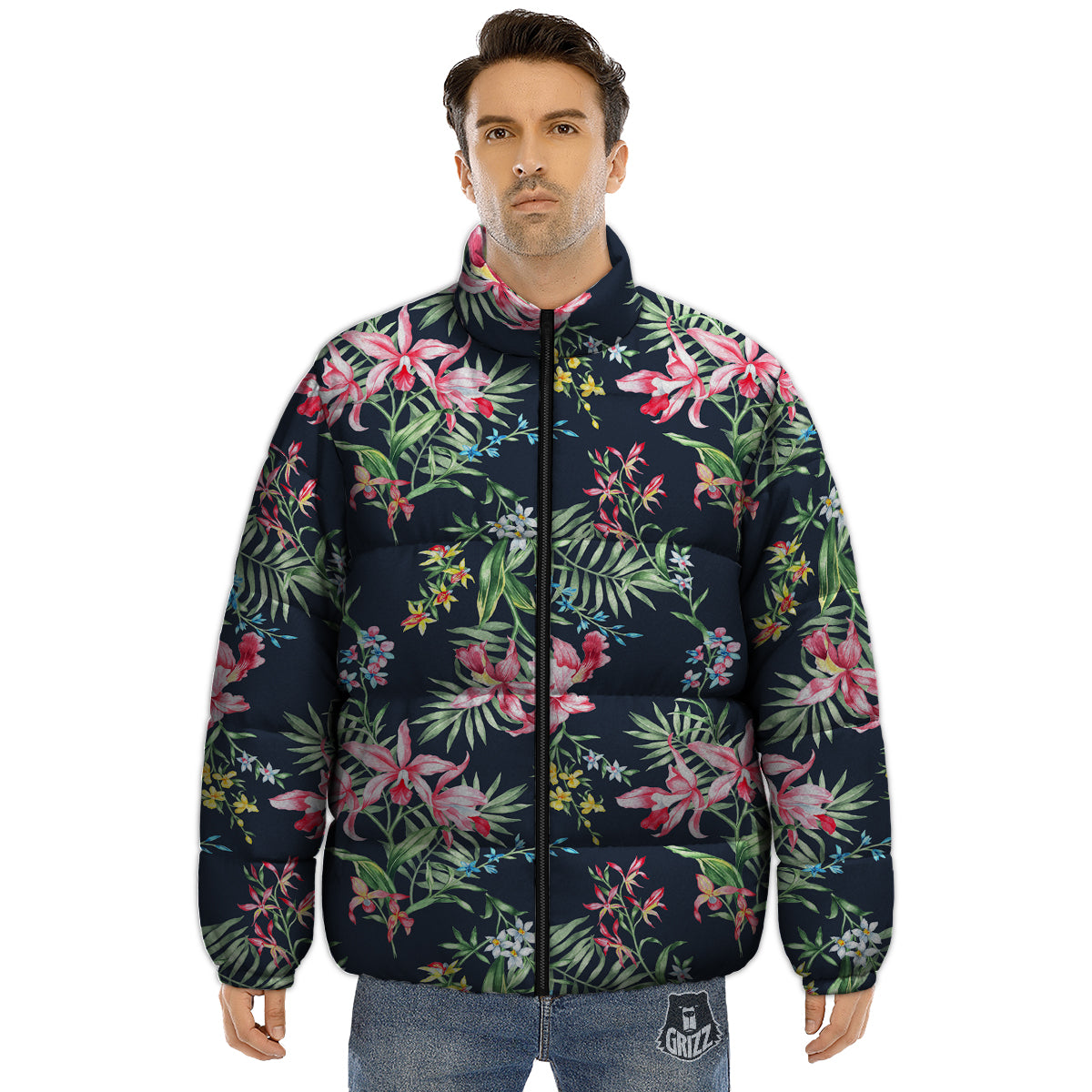 Flower Orchid Watercolor Print Pattern Puffer Jacket-grizzshop