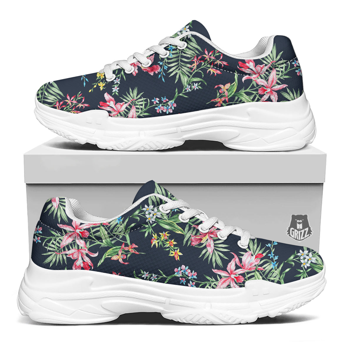 Flower Orchid Watercolor Print Pattern White Chunky Shoes-grizzshop