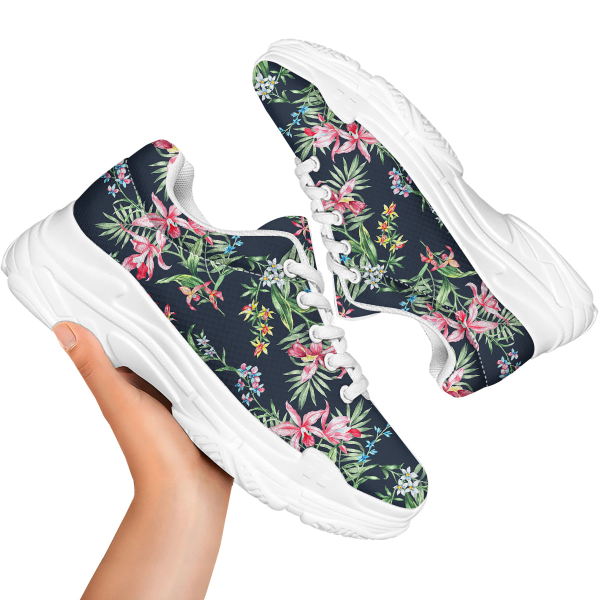 Flower Orchid Watercolor Print Pattern White Chunky Shoes-grizzshop