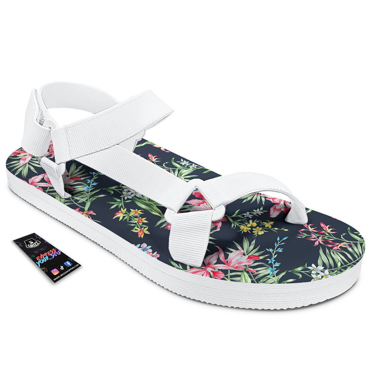 Flower Orchid Watercolor Print Pattern White Open Toe Sandals-grizzshop
