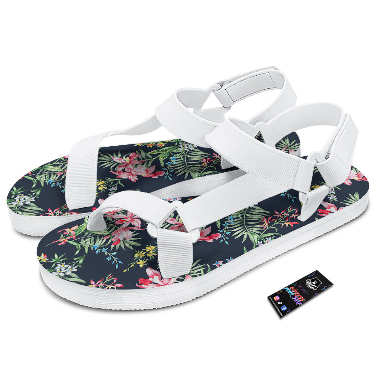 Flower Orchid Watercolor Print Pattern White Open Toe Sandals-grizzshop