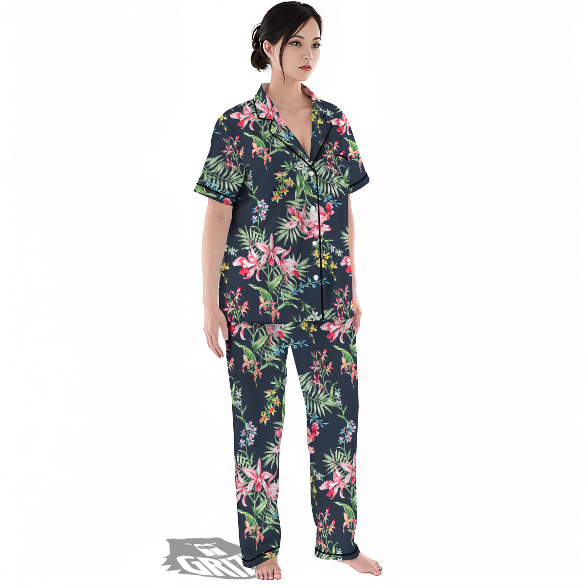 Flower Orchid Watercolor Print Pattern Women's Pajamas Set-grizzshop