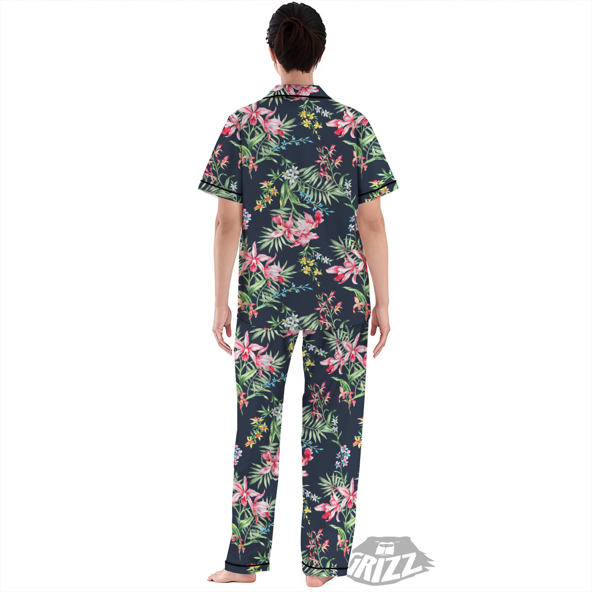 Flower Orchid Watercolor Print Pattern Women's Pajamas Set-grizzshop