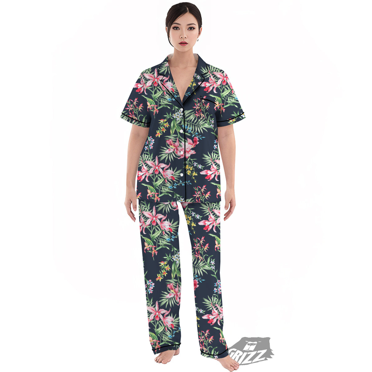 Flower Orchid Watercolor Print Pattern Women's Pajamas Set-grizzshop