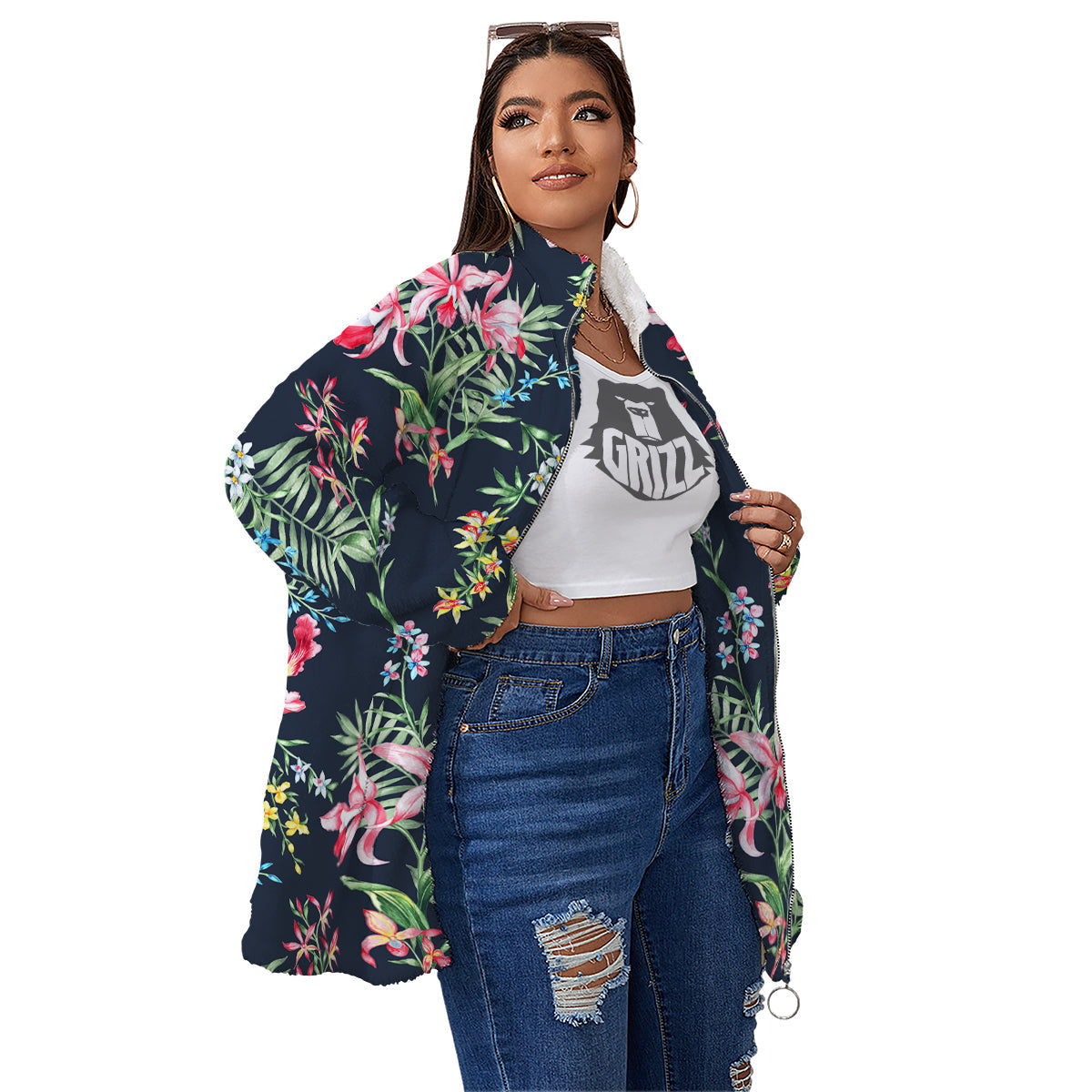 Flower Orchid Watercolor Print Pattern Women's Sherpa Jacket-grizzshop