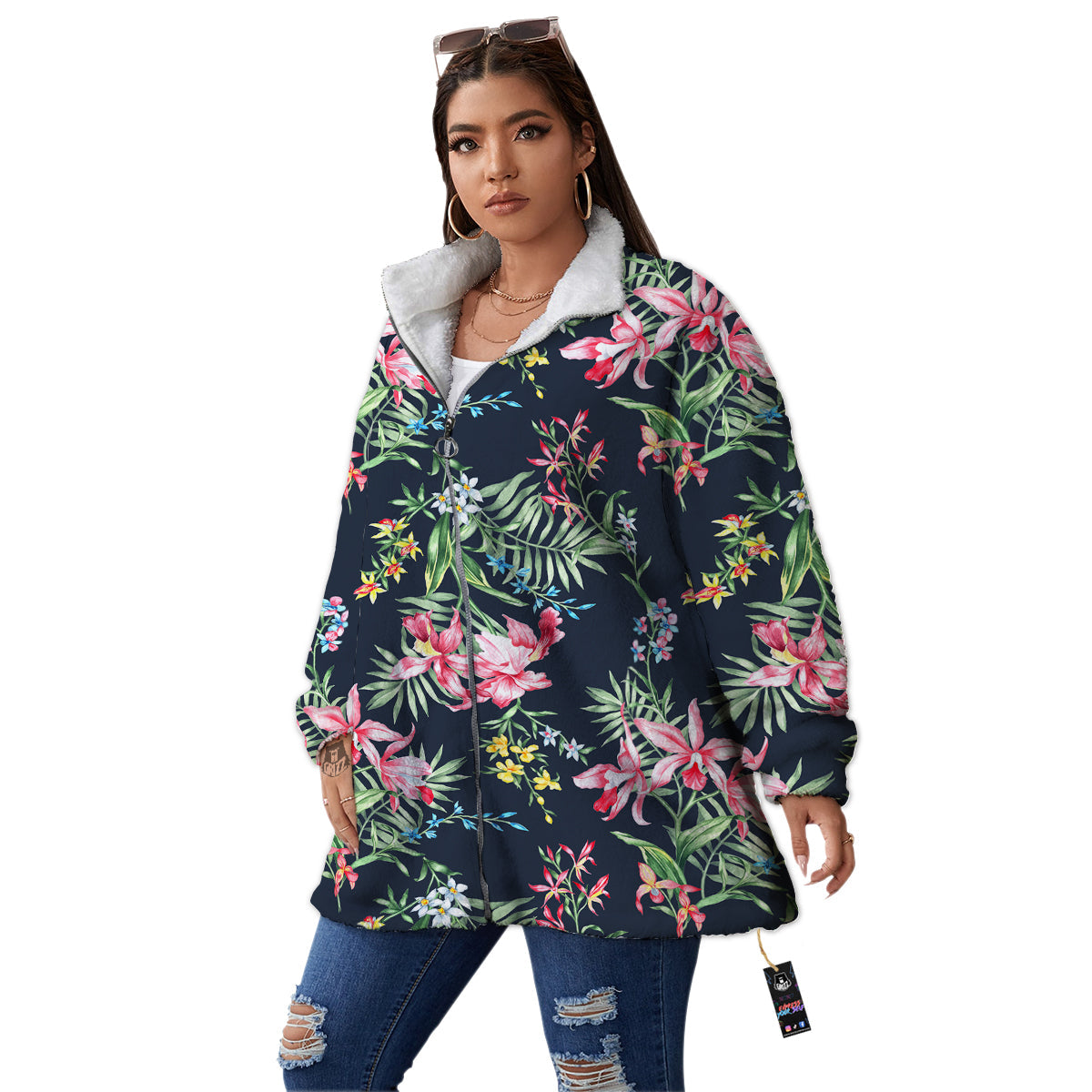 Flower Orchid Watercolor Print Pattern Women's Sherpa Jacket-grizzshop