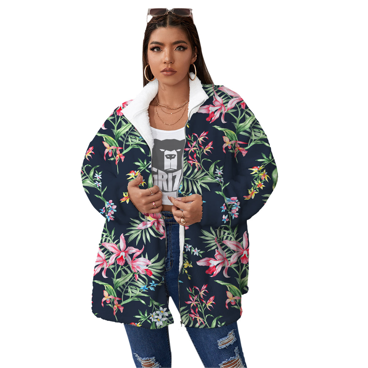 Flower Orchid Watercolor Print Pattern Women's Sherpa Jacket-grizzshop