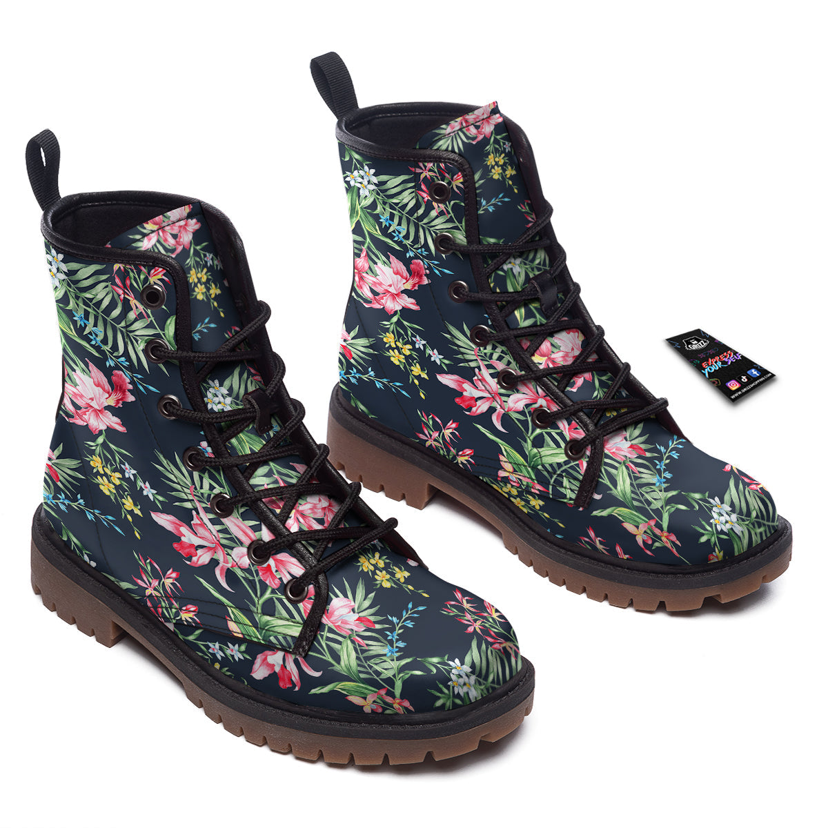 Flower Orchid Watercolor Print Pattern Work Boots-grizzshop