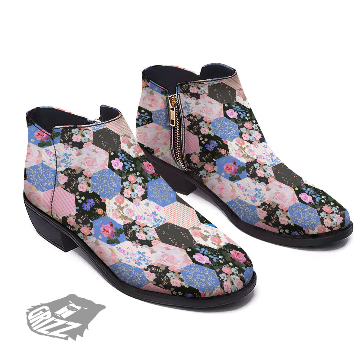 Flower Patchwork Pink Print Pattern Ankle Boots-grizzshop