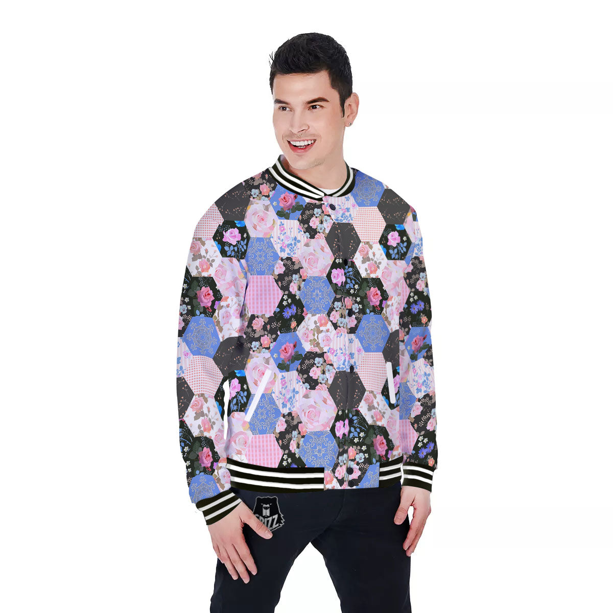 Flower Patchwork Pink Print Pattern Baseball Jacket-grizzshop
