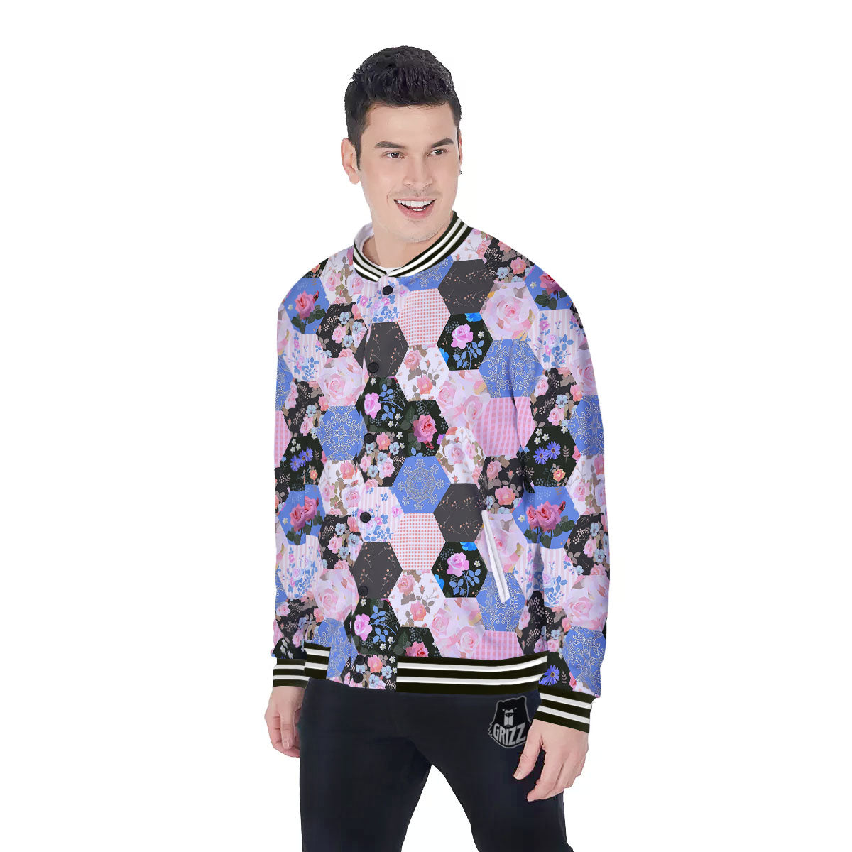 Flower Patchwork Pink Print Pattern Baseball Jacket-grizzshop