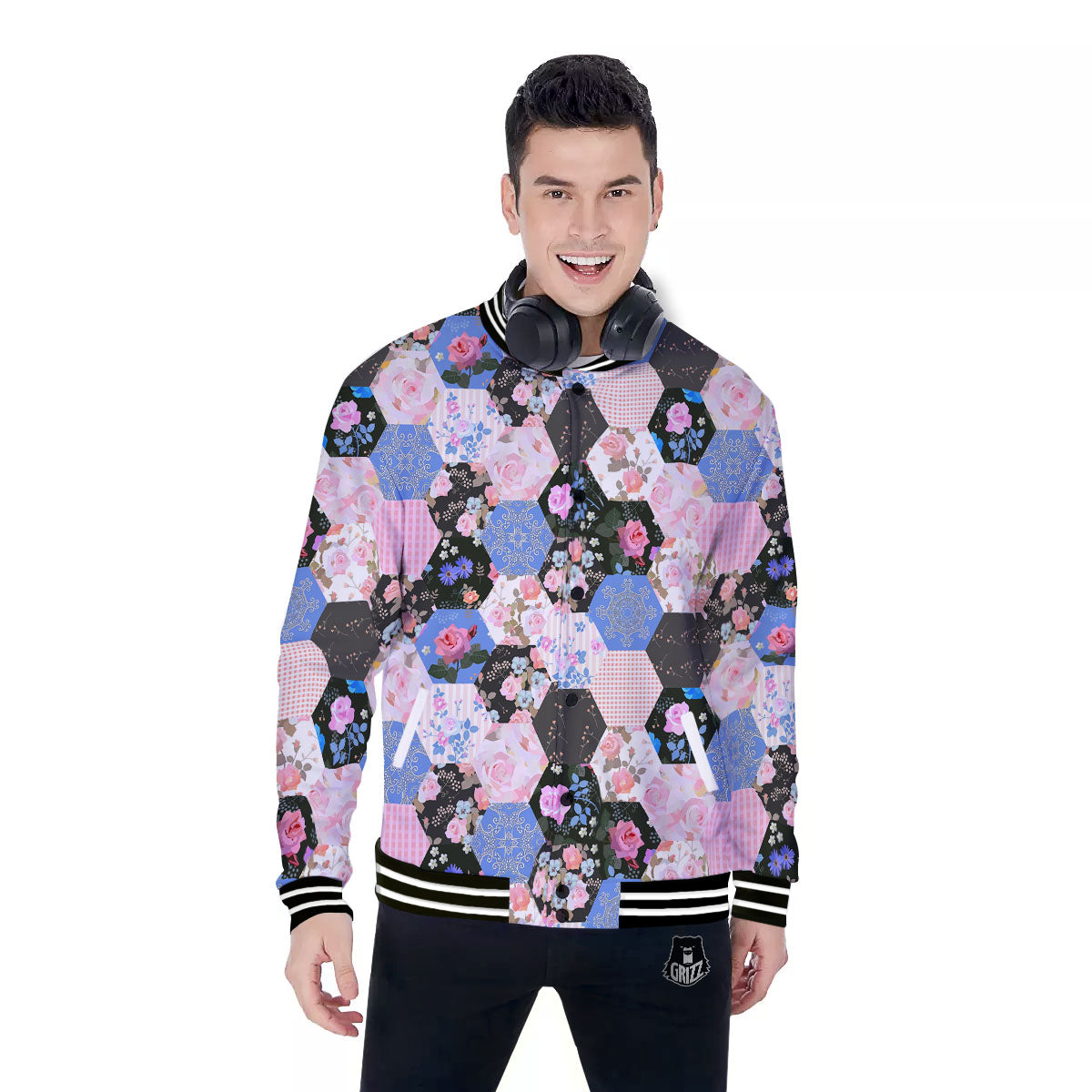 Flower Patchwork Pink Print Pattern Baseball Jacket-grizzshop