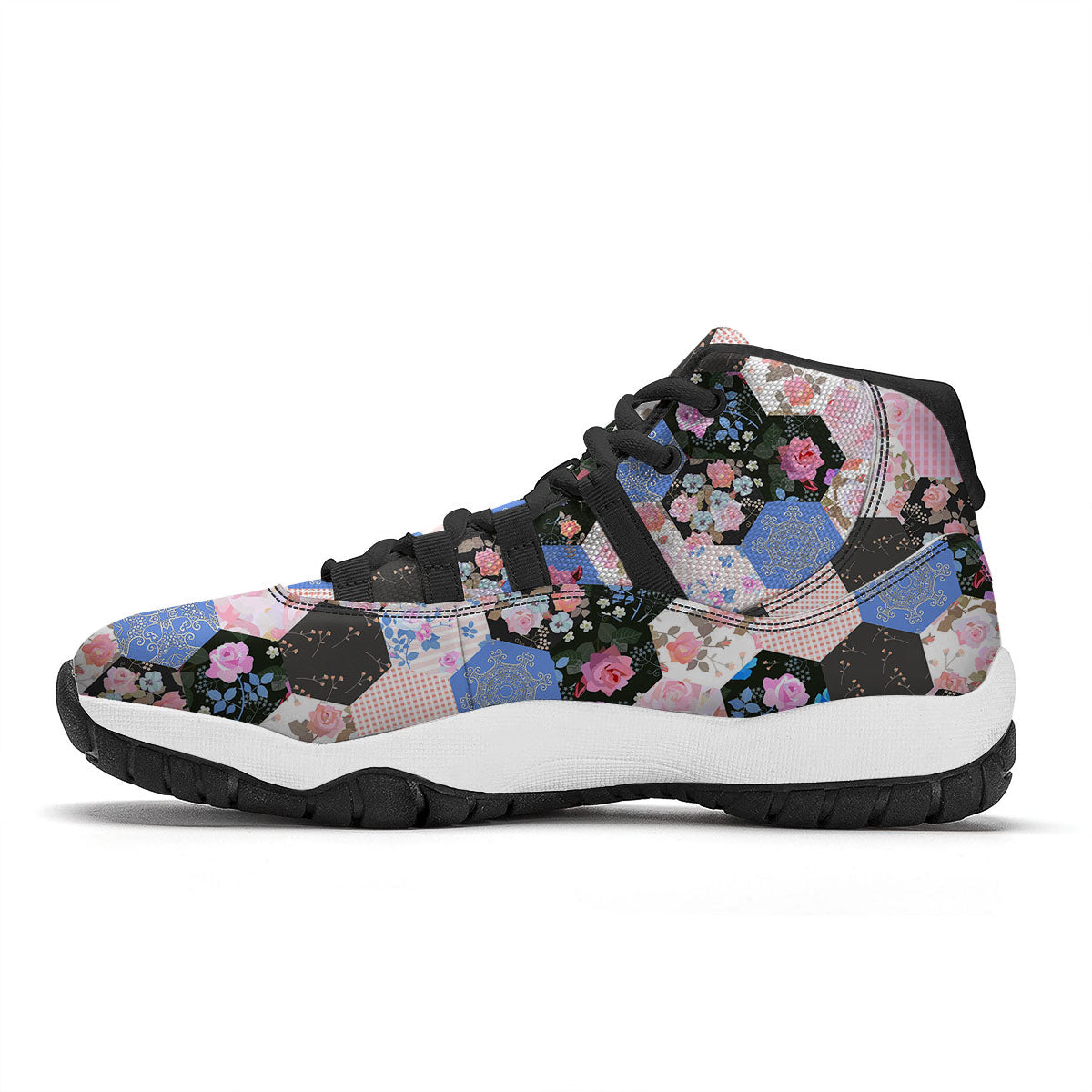 Flower Patchwork Pink Print Pattern Black Bball Shoes-grizzshop