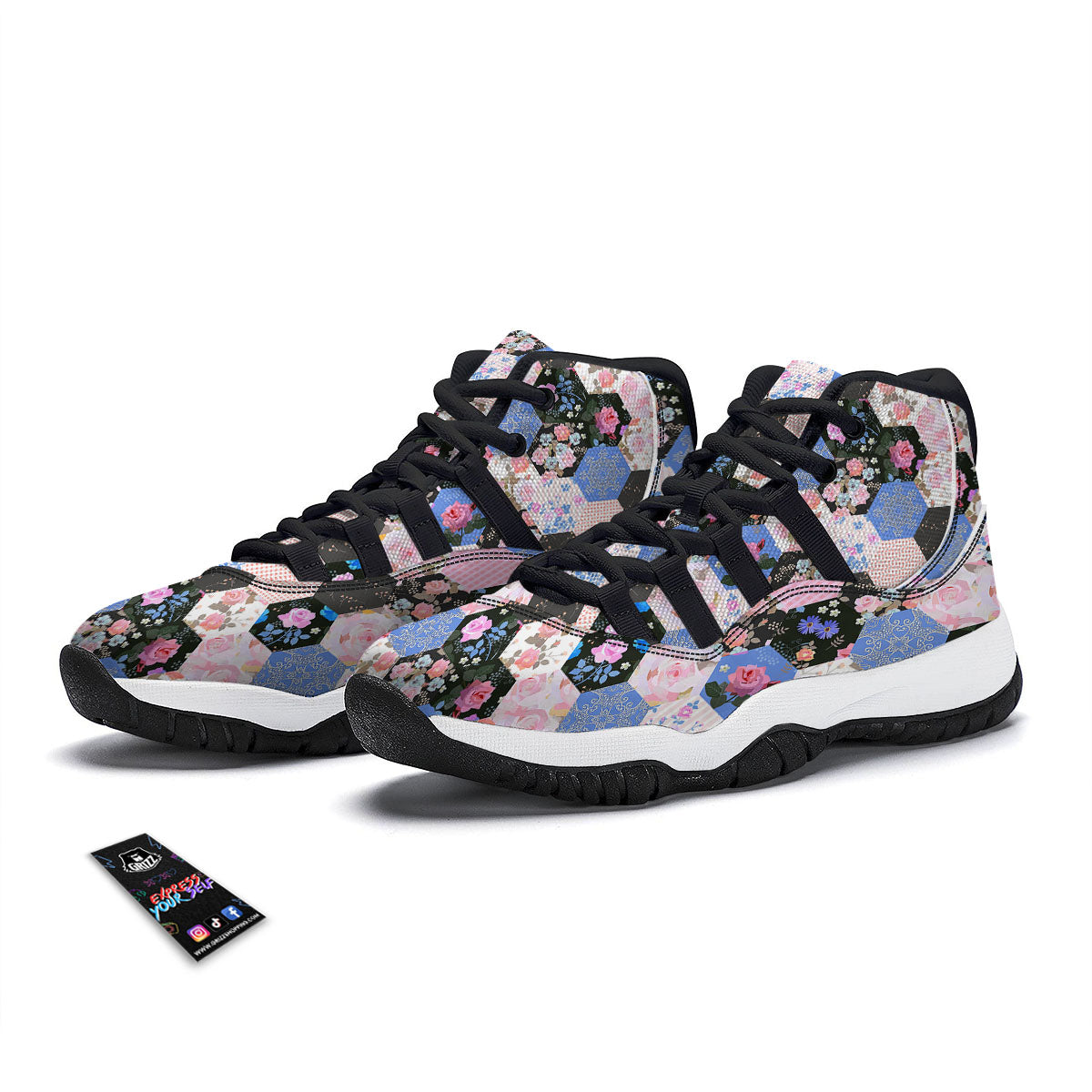Flower Patchwork Pink Print Pattern Black Bball Shoes-grizzshop