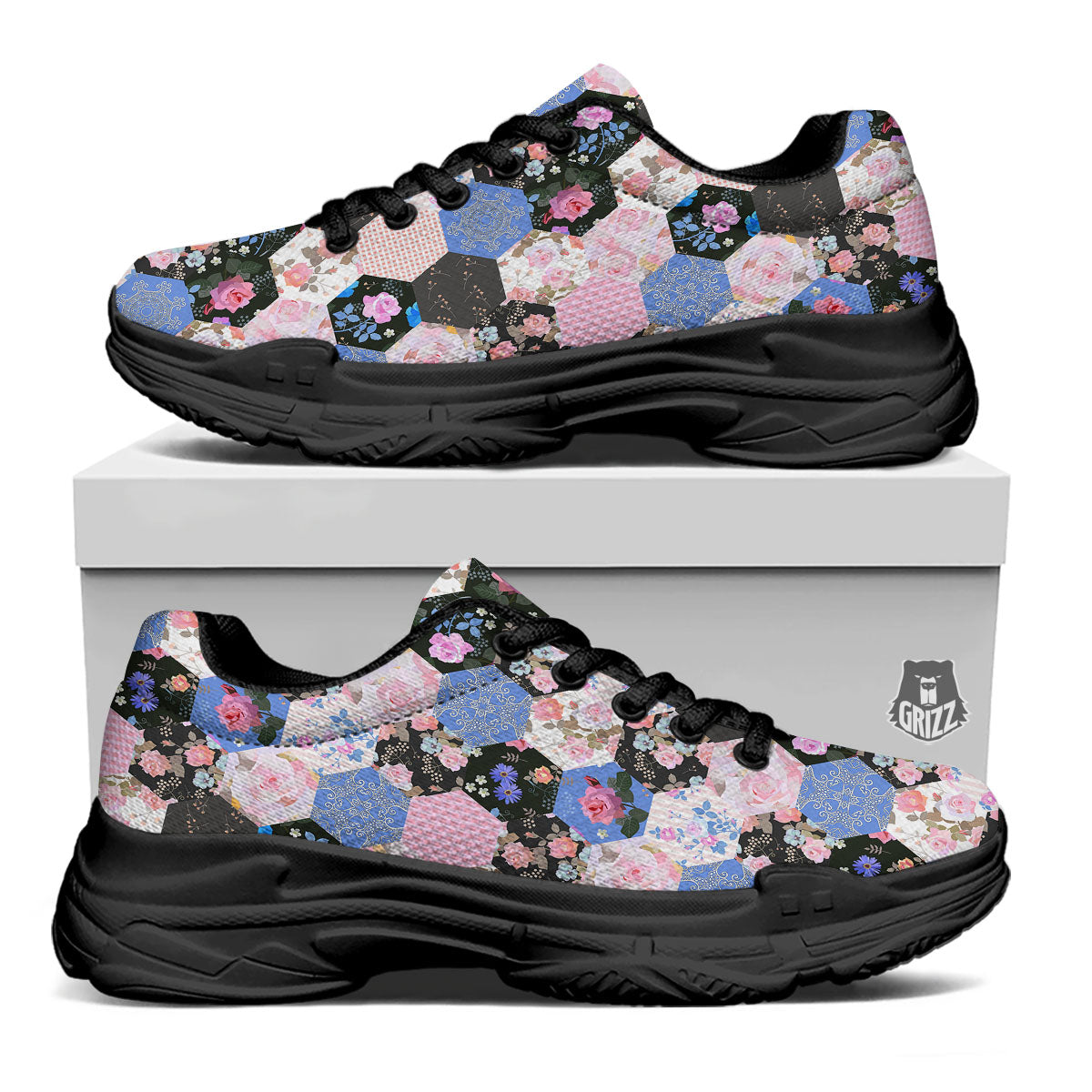 Flower Patchwork Pink Print Pattern Black Chunky Shoes-grizzshop