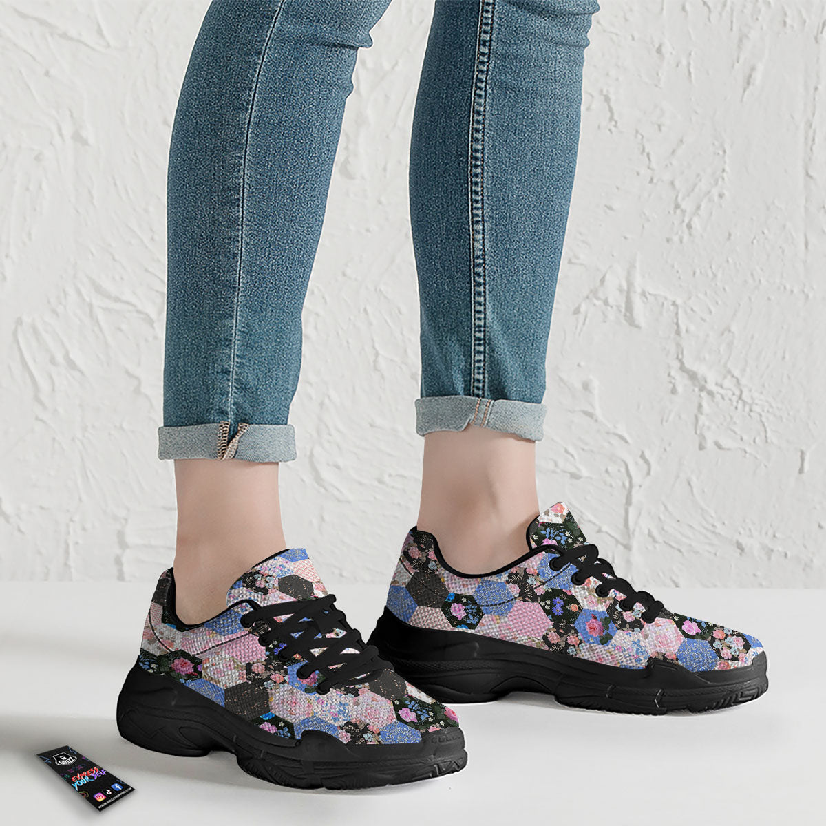 Flower Patchwork Pink Print Pattern Black Chunky Shoes-grizzshop