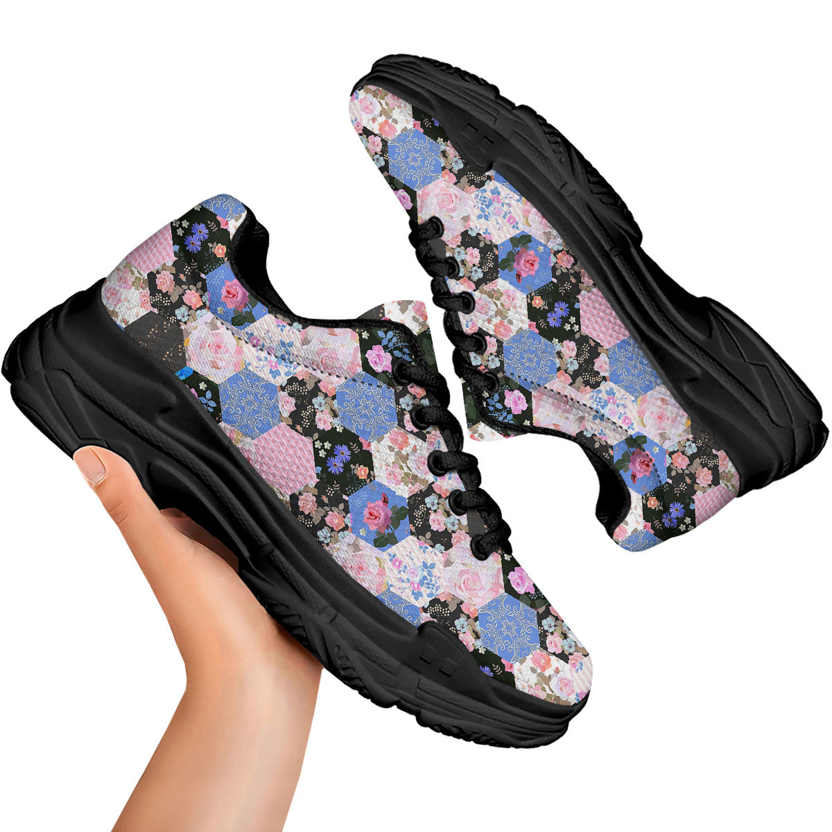 Flower Patchwork Pink Print Pattern Black Chunky Shoes-grizzshop