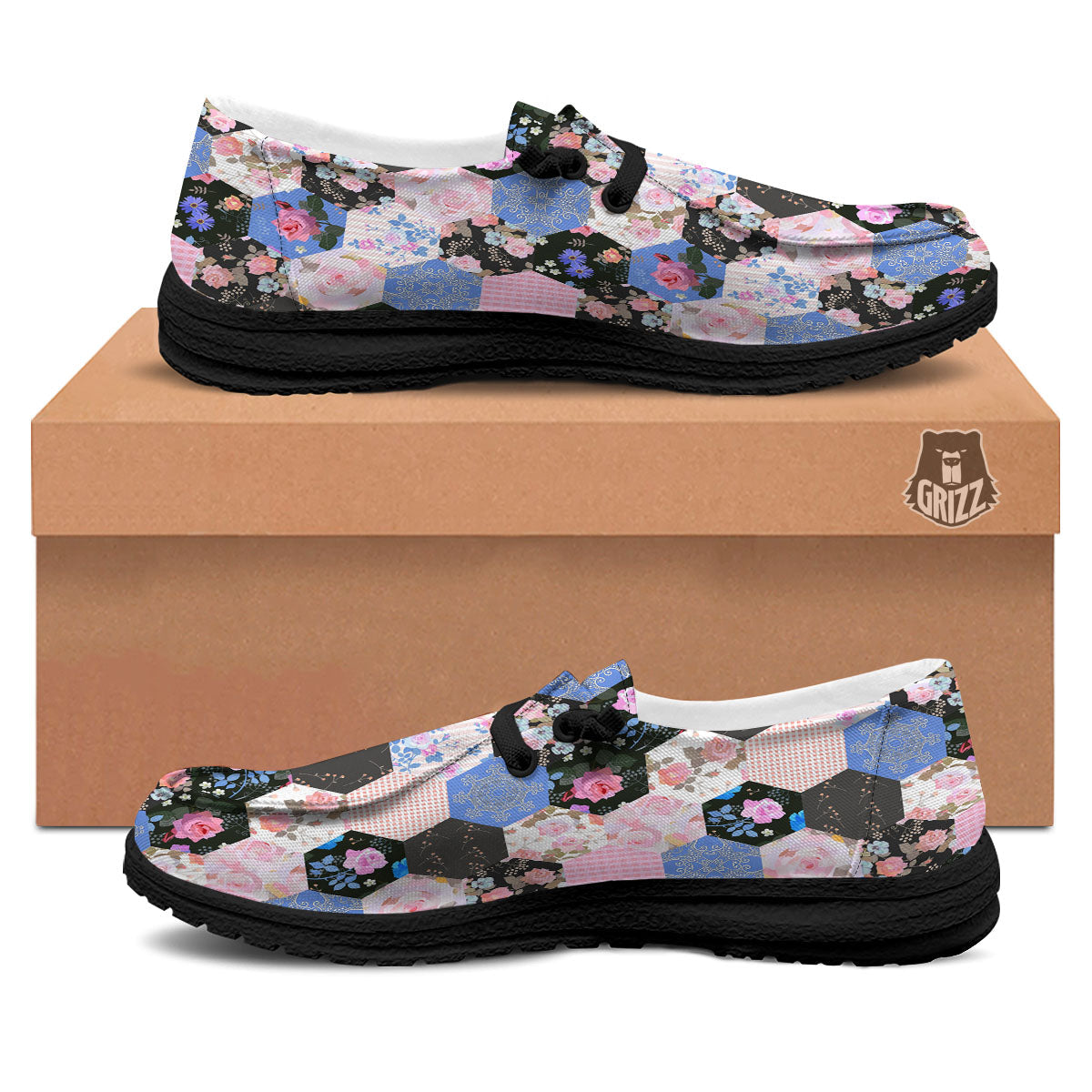 Flower Patchwork Pink Print Pattern Black Loafers-grizzshop