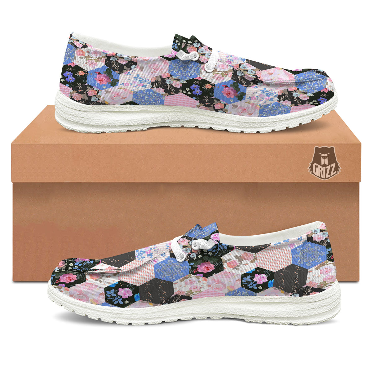 Flower Patchwork Pink Print Pattern Black Loafers-grizzshop