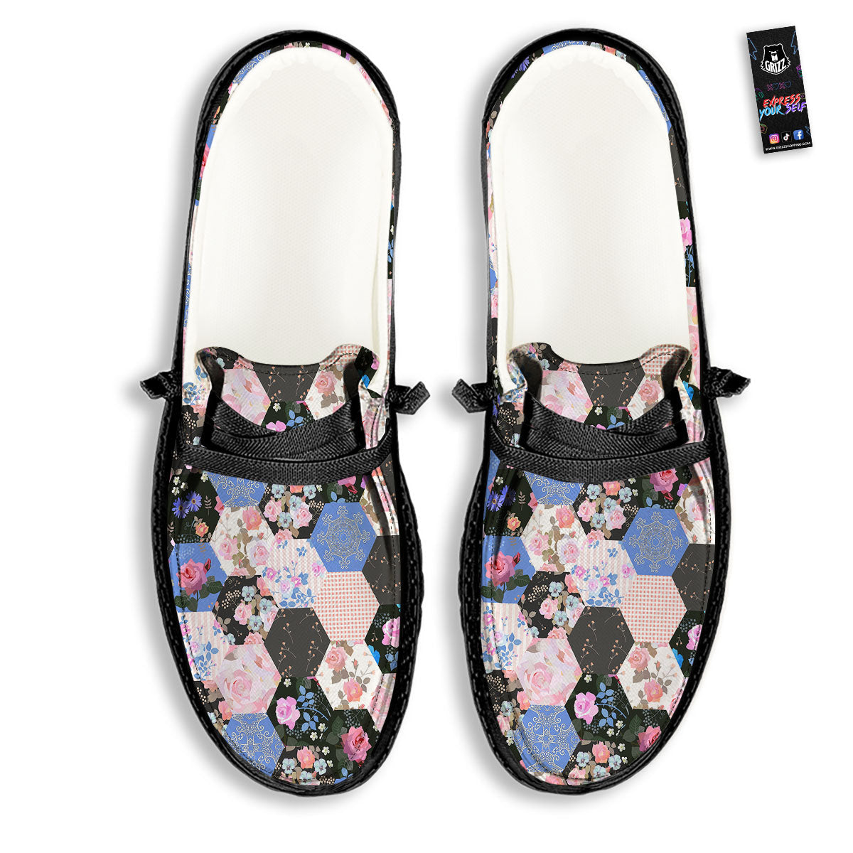 Flower Patchwork Pink Print Pattern Black Loafers-grizzshop