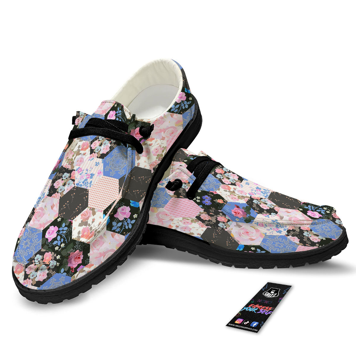 Flower Patchwork Pink Print Pattern Black Loafers-grizzshop