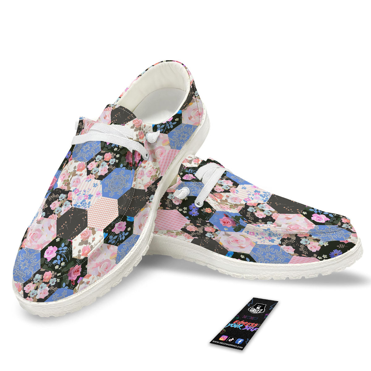 Flower Patchwork Pink Print Pattern Black Loafers-grizzshop