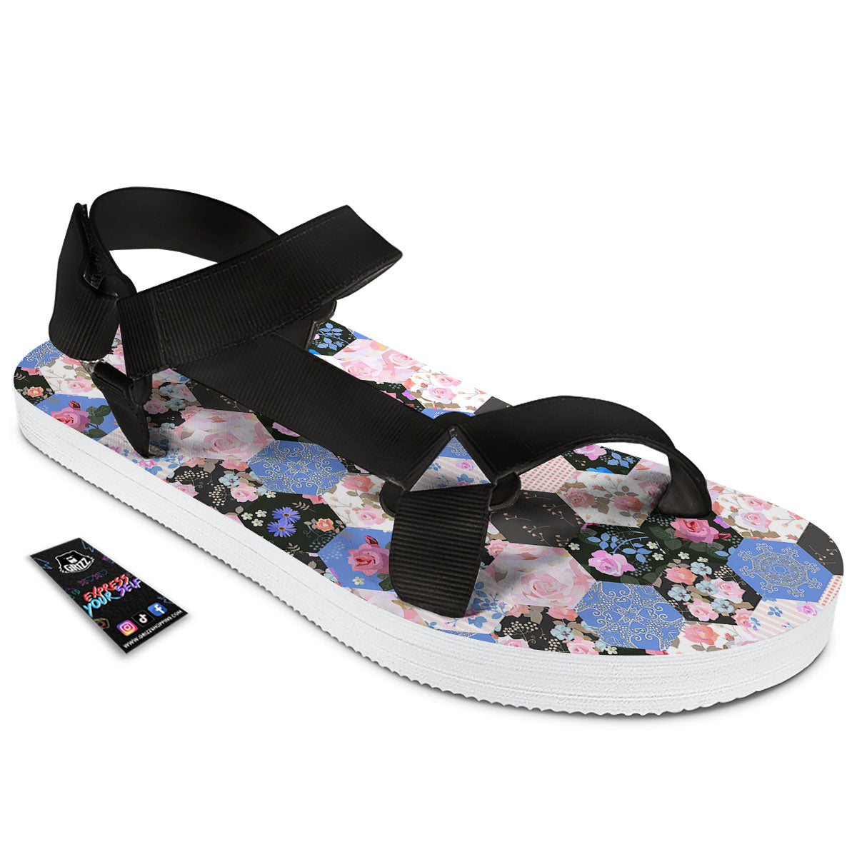 Flower Patchwork Pink Print Pattern Black Open Toe Sandals-grizzshop