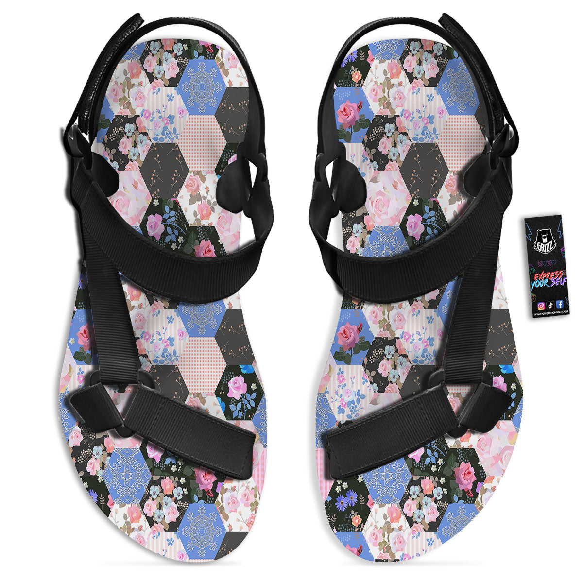 Flower Patchwork Pink Print Pattern Black Open Toe Sandals-grizzshop