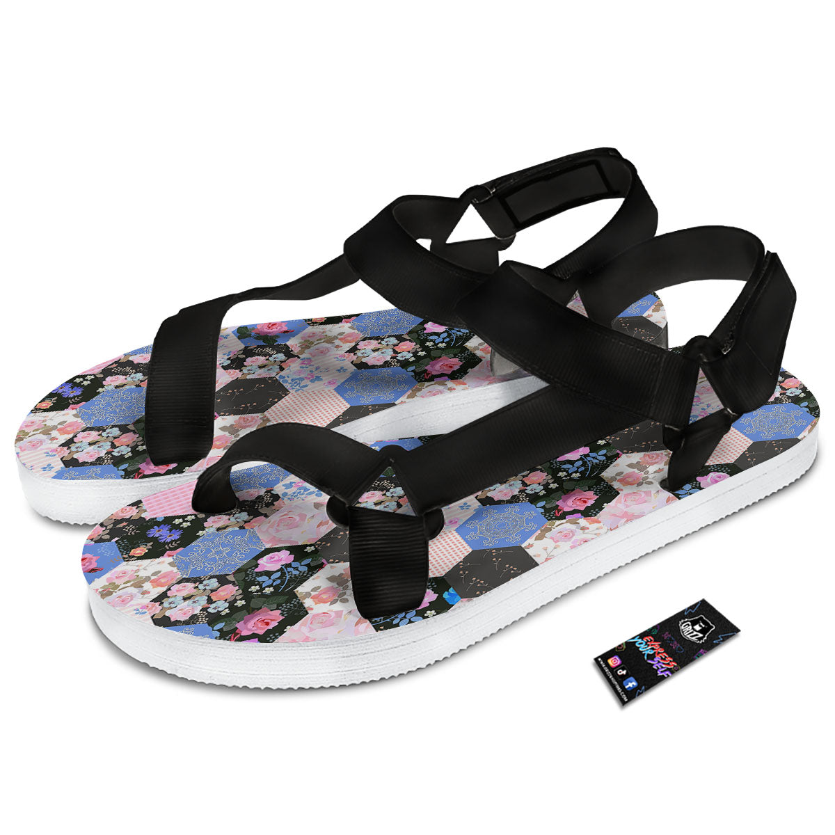 Flower Patchwork Pink Print Pattern Black Open Toe Sandals-grizzshop