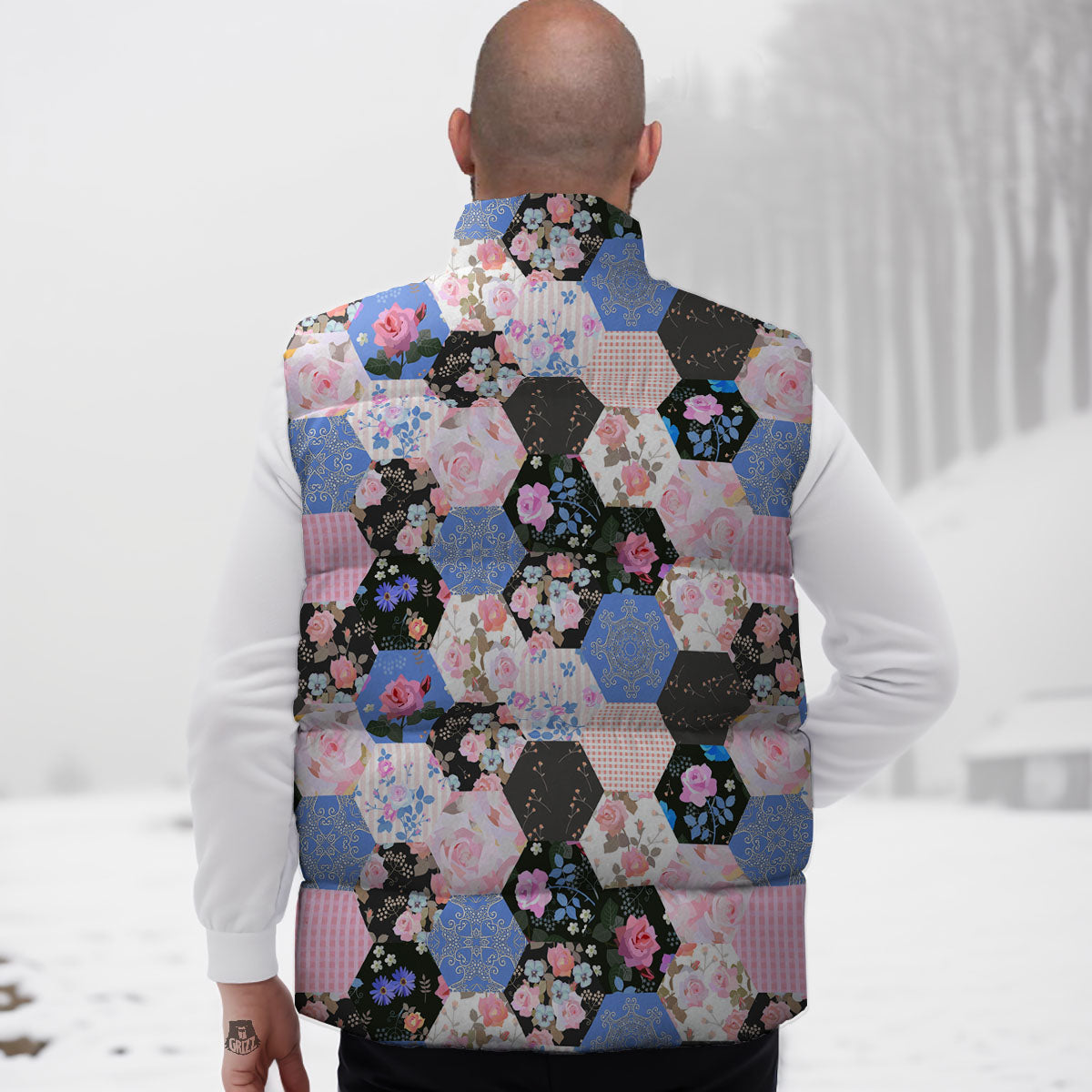 Flower Patchwork Pink Print Pattern Down Vest