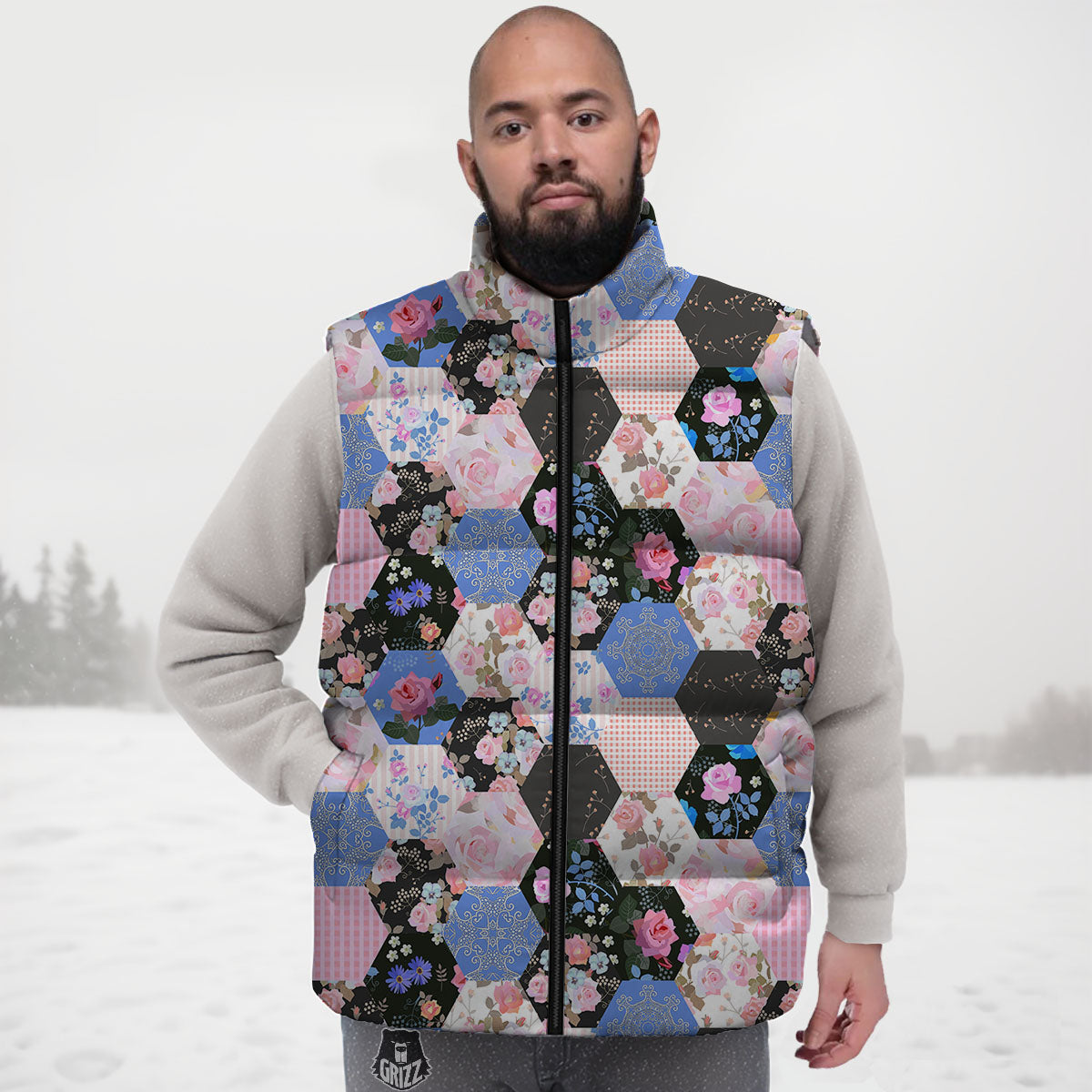 Flower Patchwork Pink Print Pattern Down Vest