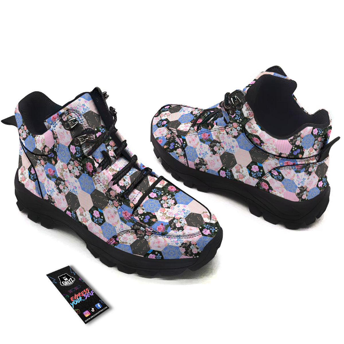 Flower Patchwork Pink Print Pattern Hiking Shoes-grizzshop