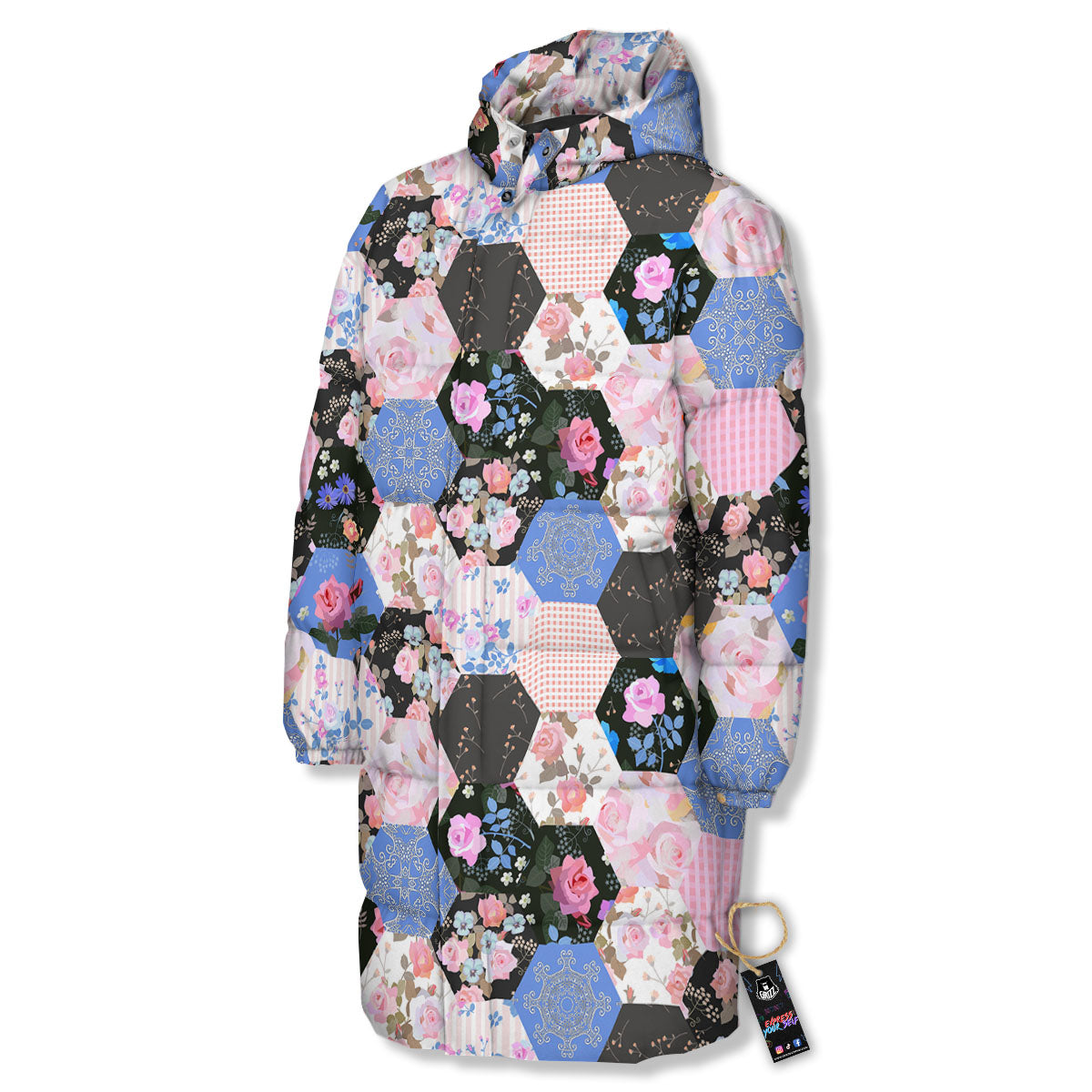 Flower Patchwork Pink Print Pattern Long Down Jacket-grizzshop