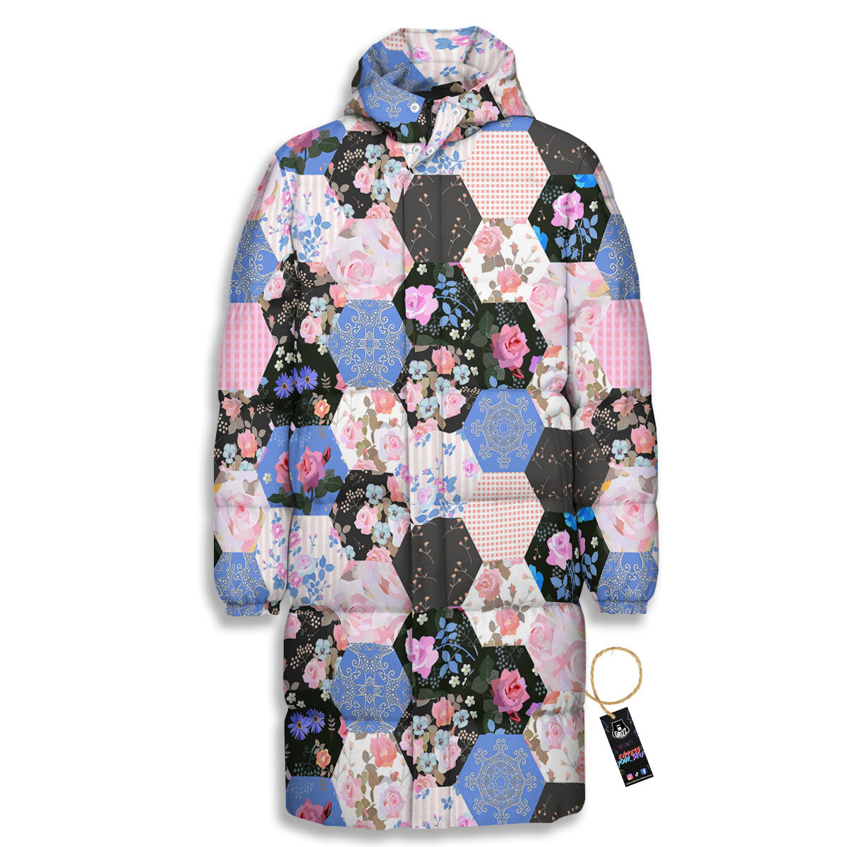Flower Patchwork Pink Print Pattern Long Down Jacket-grizzshop