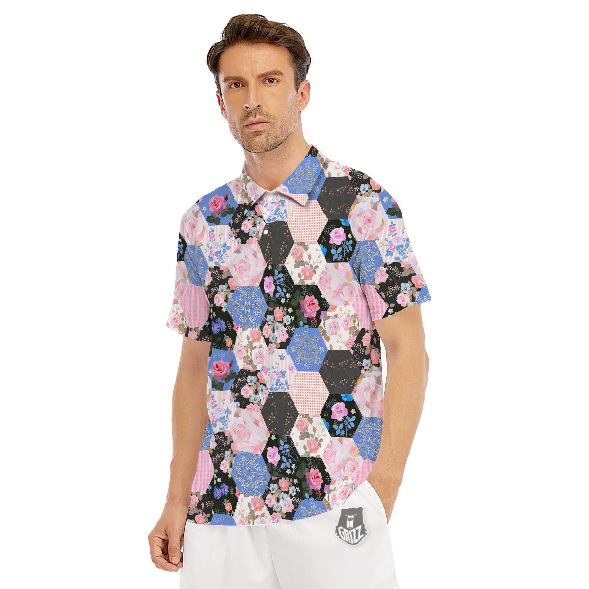 Flower Patchwork Pink Print Pattern Men's Golf Shirts-grizzshop