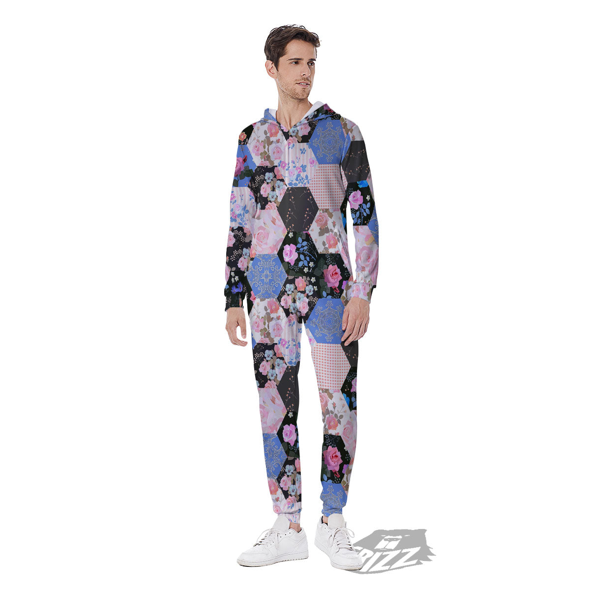 Flower Patchwork Pink Print Pattern Men's Jumpsuit-grizzshop