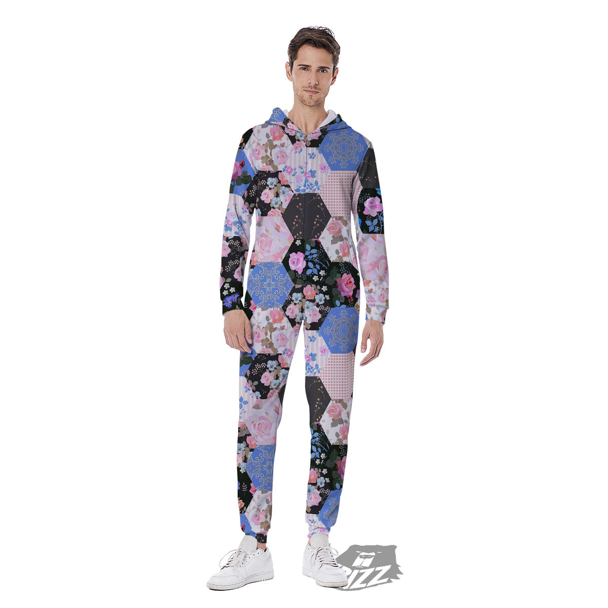 Flower Patchwork Pink Print Pattern Men's Jumpsuit-grizzshop