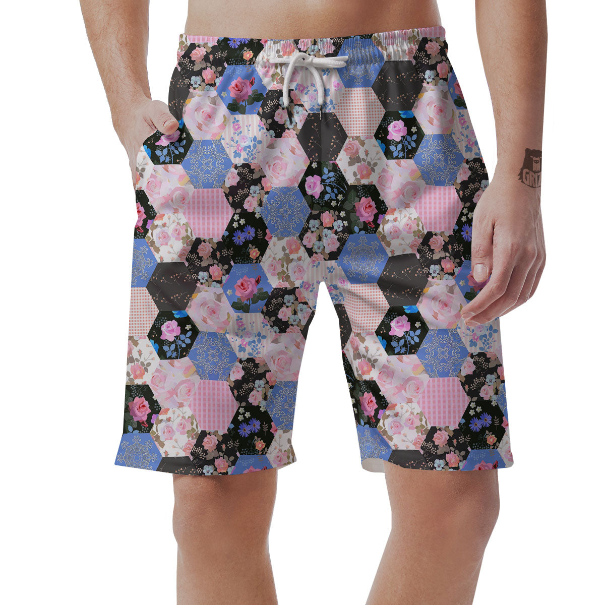 Flower Patchwork Pink Print Pattern Men's Shorts-grizzshop