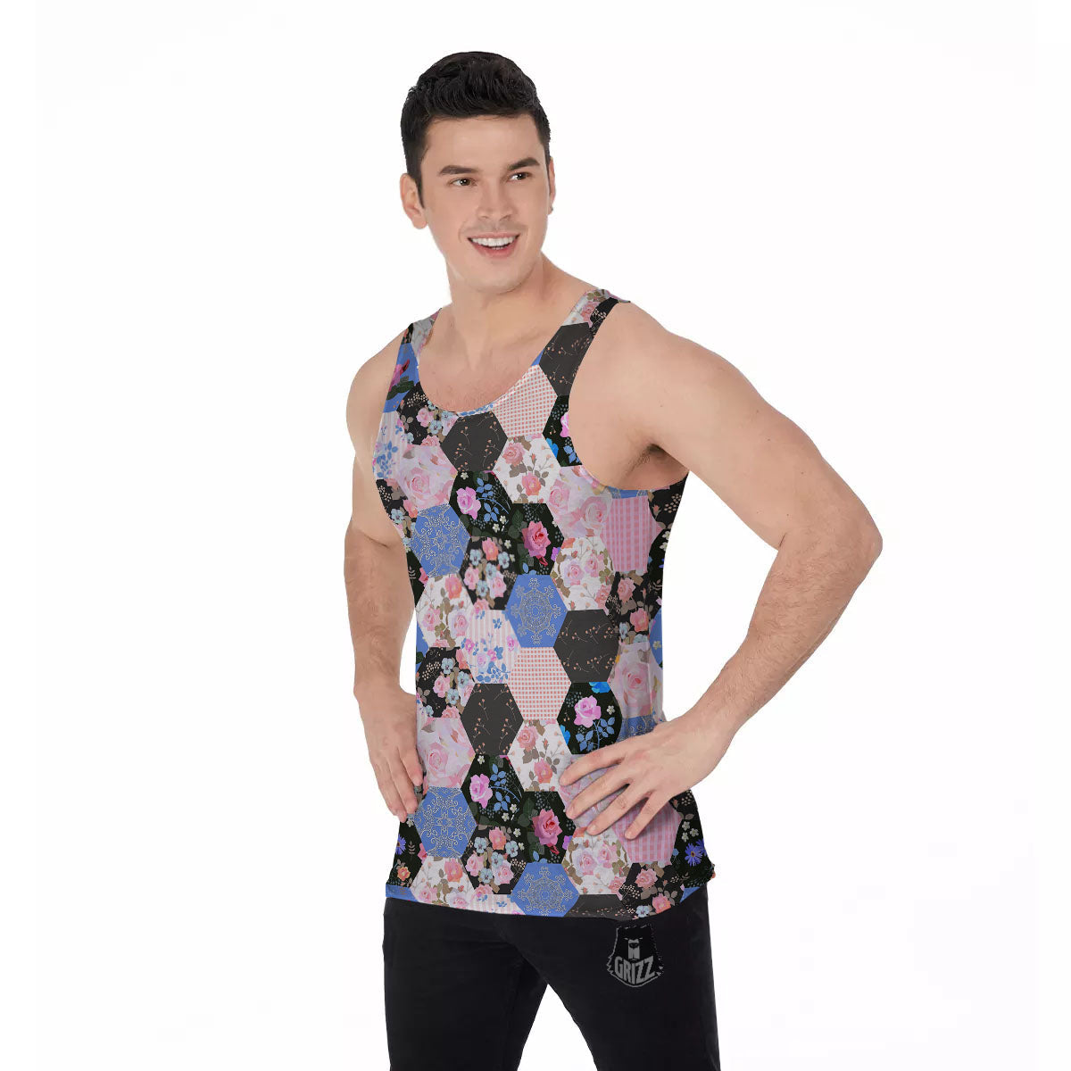 Flower Patchwork Pink Print Pattern Men's Tank Top-grizzshop