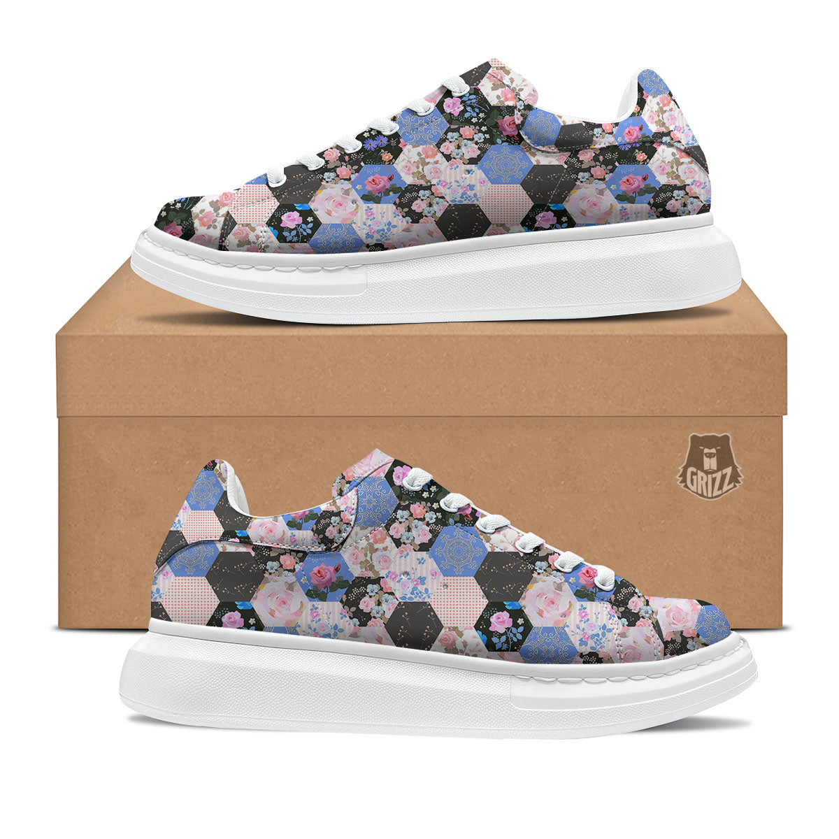 Flower Patchwork Pink Print Pattern Platform Shoes-grizzshop